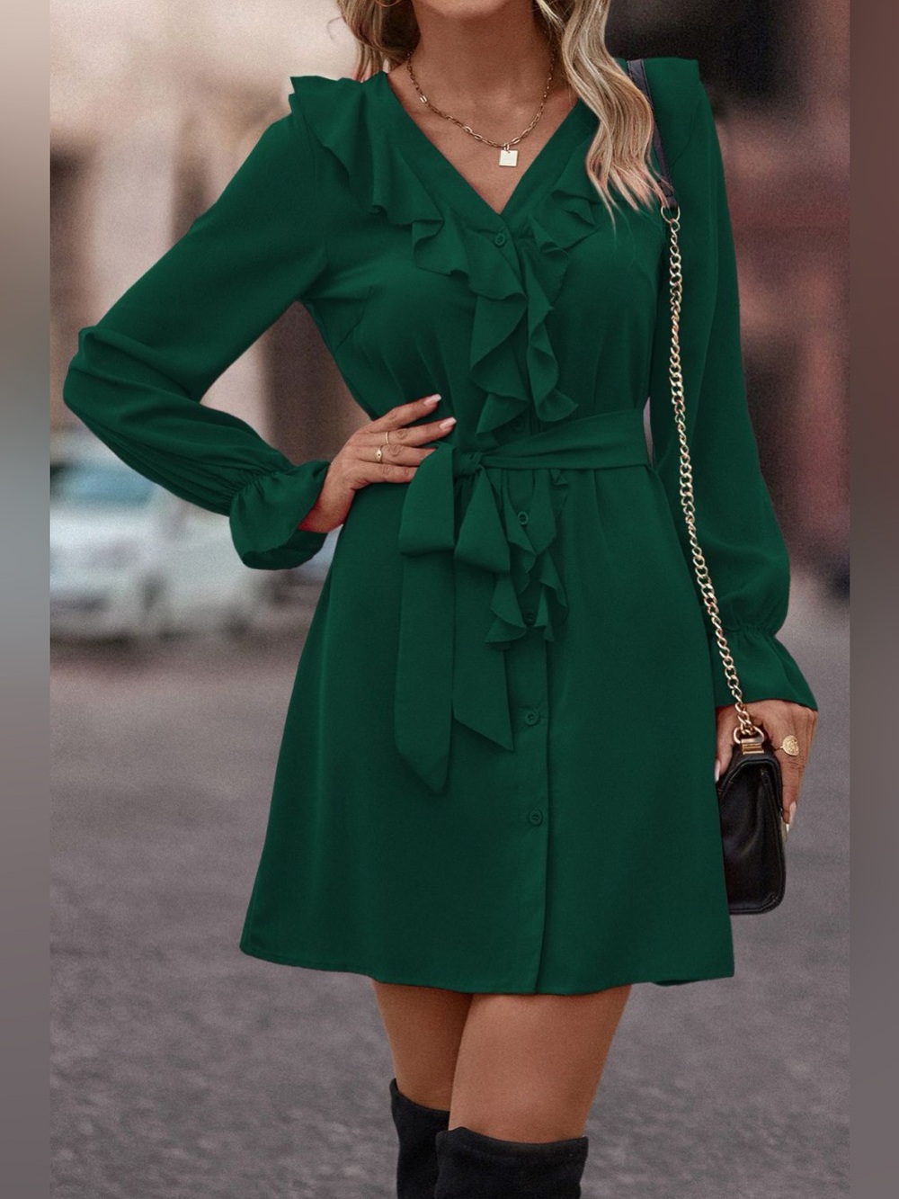 Ruffled Flounce Sleeve V-Neck Belted Dress